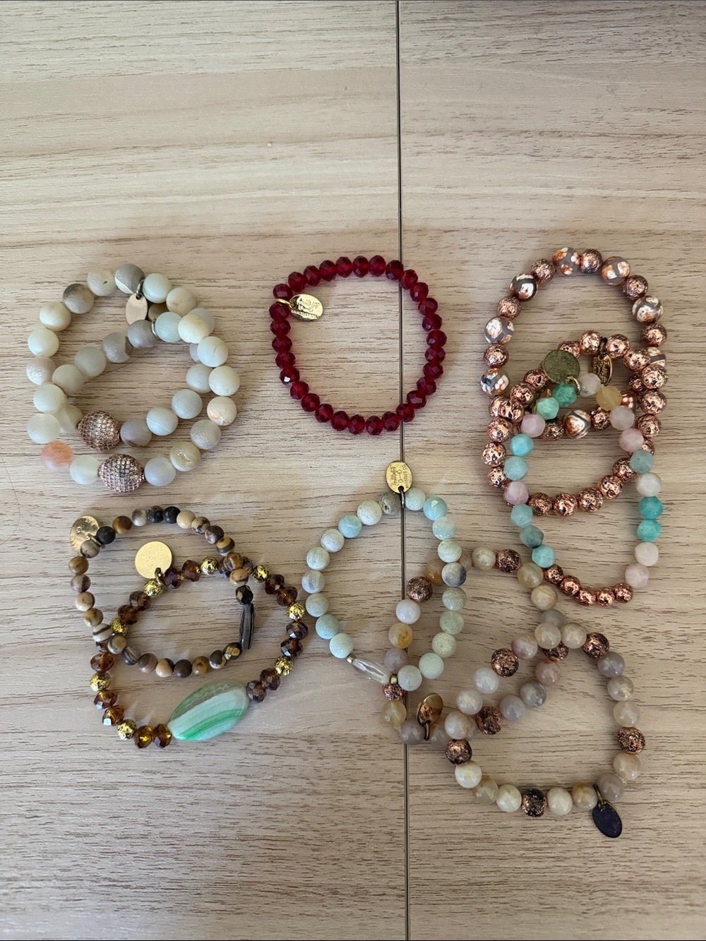 Stackable Mixed Beaded Bracelet Set in Mint, Red and Rose Gold Tones